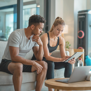 Couple using smart home gym equipment